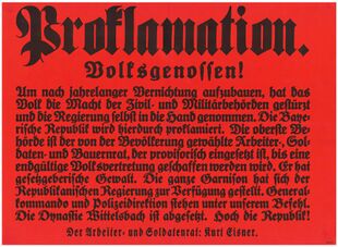 Proklamation der Bayerischen Republik und der Absetzung der Wittelsbacher vom 8. November 1918. (bavarikon) (Bayerisches Hauptstaatsarchiv, Plakatsammlung 2076)