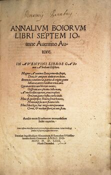 Titelblatt der zensierten Version der Annalium Boiorum von 1554. (Bayerische Staatsbibliothek, 2 Bavar. 1631 u)