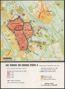 Entwicklung der Stadt Augsburg seit dem 10. Jahrhundert. (Karte aus: Spindler/Diepolder: Bay. Geschichtsatlas, 44f.)
