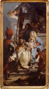 Das Gemälde "Anbetung der Heiligen Drei Könige" entstand 1753 durch den Maler Giovanni Battista Tiepolo (1696-1770) für das Kloster Münsterschwarzach. Es gelangte durch die Säkularisation 1804 in die Münchner Gemäldesammlung. (Bayerische Staatsgemäldesammlungen, Inv.Nr. 1159, lizenziert durch CC BY-SA 4.0)