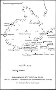 Der Ebersberger Forst und die Rodungssiedlungen aus der Zeit der Grafen von Ebersberg, 10./11. Jahrhundert. In Klammern die mutmaßlichen Namen der ersten Ortsherren. (aus: Flohrschütz, Der Adel des Ebersberger Raums im Hochmittelalter, 48)