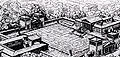 Entwurf von Hermann Soergel (1925). Soergel schlug vor, den Platz im Osten durch eine Kopie der Propyläen abzuschließen, umlaufende Kolonnaden zu errichten und den Platz zu pflastern. (Bayerische Staatsbibliothek)