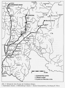 Verlauf der drei Zweige des Goldenen Steigs zwischen Passau und Kašperské Hory (Bergreichenstein), Vimperk (Winterberg) und Prachatice (Prachatitz). (Karte: František Kubů/Petr Zavřel/K. Vávra)