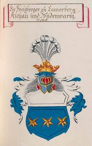 Wappen der bayerischen Linien der Freiherren von Freyberg im Wappenbuch des churbayerischen Adels aus dem Jahr 1808. (Bayerische Staatsbibliothek, cgm 1510, 20)
