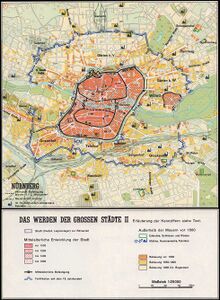 Entwicklung der Stadt Nürnberg seit dem 11. Jahrhundert. (Karte aus: Spindler/Diepolder: Bay. Geschichtsatlas, 44f.)