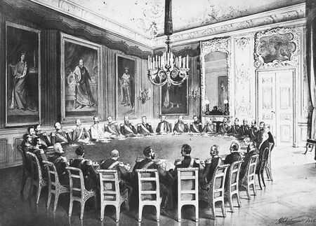 Sitzung des Frankfurter Fürstentages 1863 im Palais Thurn und Taxis. König Maximilian II. sitzt rechts neben Kaiser Franz Joseph von Österreich, der die Versammlung leitet. Zeichnung von Franz Carl Hohnbaum (1825–1867), nach einer Fotografie von J. Schaefer, 1863 (Abb. aus: Aurelio Buddeus/Wilhelm Amandus Beer/Johannes Schaefer, Der deutsche Fürstentag zu Frankfurt am Main im August 1863, Frankfurt a. M. 1863)