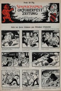Karikatur "Reise des Herrn Lehmann zum Münchner Oktoberfest" von Josef Benedikt Engl (1867-1907) aus dem Simplicissimus, Heft 56, 5.12.1905, S. 1. (Bayerische Staatsbibliothek, Bildarchiv port-010404)