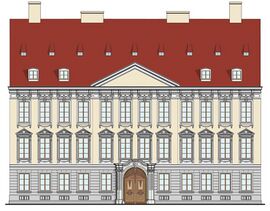 Rekonstruktionszeichnung der östlichen Hauptfassade des Palais der Tattenbach in der heutigen Theatinerstraße nach den wenigen noch vorhandenen Quellen. Das Portal mit den geschnitzten Türflügeln ist heute in der oberen Halle des Haupttreppenhauses des Bayerischen Nationalmuseums eingebaut (Zeichnung: Konstantin Köppelmann, 2014).