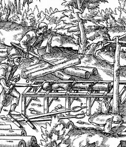 Verfertigung von Holzrohren (Deicheln) für die Errichtung von Rohrleitungen. Holzschnitt aus Georg Agricolas (1494-1555) De Re Metallica, 1556.