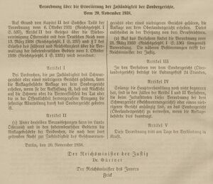 Verordnung über die Erweiterung der Zuständigkeit der Sondergerichte vom 20. November 1938, auch bekannt als Gangster-Verordnung. Abb. aus: Reichsgesetzblatt 1938, Teil 1, Berlin 1938, 1632. (Gemeinfrei via Wikimedia Commons)