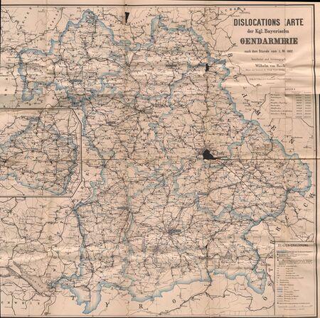 Verteilung der Gendarmeriestationen, 1882. Wilhelm von Reck, Dislocations Karte der Kgl. Bayerischen Gendarmerie, München 1882. (Staatsarchiv Landshut, K8° 99)