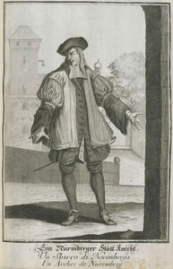 Darstellung eines Nürnberger Stadtknechtes. Stich von Jakob Andreas Friderich (1683-1751). Abb. aus: Jeremias Wolff, Trachtenbilder. Sammlung von 142 teilw. kolorierten Trachtenbildern, [Augsburg, c.1710-1750], fol. 32. (Bayerische Staatsbibliothek Chalc. 116)