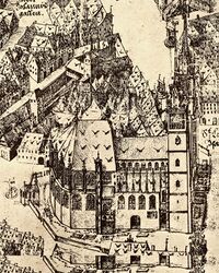 St. Lorenz und Umfeld von Norden im "Prospekt der Reichsstadt Nürnberg" von Hieronymus Braun (1566-1620), 1609. (Archiv der Lorenzer Kirchengemeinde)