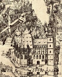 St. Lorenz und Umfeld von Norden im "Prospekt der Reichsstadt Nürnberg" von Hieronymus Braun (1566-1620), 1609. (Archiv der Lorenzer Kirchengemeinde)