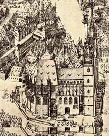 St. Lorenz und Umfeld von Norden im "Prospekt der Reichsstadt Nürnberg" von Hieronymus Braun (1566-1620), 1609. (Archiv der Lorenzer Kirchengemeinde)