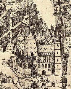 St. Lorenz und Umfeld von Norden im "Prospekt der Reichsstadt Nürnberg" von Hieronymus Braun (1566-1620), 1609. (Archiv der Lorenzer Kirchengemeinde)