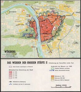Entwicklung der Stadt Würzburg seit dem 10. Jahrhundert. (Karte aus: Spindler/Diepolder: Bay. Geschichtsatlas, 44f.)
