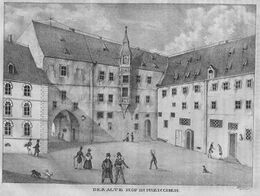 Darstellung des Innenhofes des Alten Hofes mit dem 1813 gekappten Burgtorturm. Lithographie von Johann Baptist Dilger (1814-1847), 1839. (bavarikon) (Bayerische Staatsbibliothek, Bildarchiv port-000392)