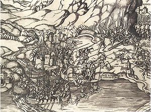 Bei Höchst drängten die Eidgenossen viele Söldner des Reichs in den Sumpf des Bodensees; viele ertranken beim Untergang überladener Schiffe. Ausschnitt aus den Karten des Schwabenkriegs, angefertigt vom Meister PPW von Köln in den Jahren 1502-1505. (Gemanisches Nationalmuseum, Nürnberg)