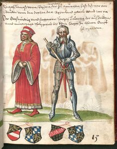 Herzog Johann II. von Bayern (links, reg. 1375-1397), rechts Herzog Ludwig VII. der Gebartete von Bayern-Ingolstadt (reg. 1413-1443), in: Abbildungen bayrischer Regenten von Bavarus bis Sigmund. Desgleichen welfischer Fürsten, 16. Jahrhundert. (Bayerische Staatsbibliothek, Cgm 2822, 39)