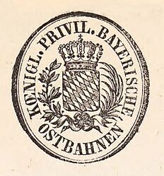 Siegelstempel der Königlich-privilegierten Bayerischen Ostbahnen. Abb. aus: Betriebs-Reglement und Tarife für die Kgl. priv. Bayerischen Ostbahnen, München 1862, Beilage I. (Bayerische Staatsbibliothek, Bavar. 4872 z)