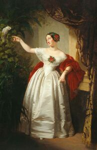 Herzogin Alexandrine von Sachsen-Coburg und Gotha (1820-1904), Gemahlin von Herzog Ernst II. um 1842. Gemälde von Emil Jacobs (1802-1866). (Kunstsammlungen der Veste Coburg, Inventarnummer M.110, lizenziert durch CC BY-NC-SA 4.0 Deed)