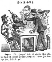Karikatur zur Triaspolitik Maximilians II. in der Zeitschrift Münchener Punsch 1864.(Abb. aus: Münchener Punsch Nr. 4 (24.1.1864))