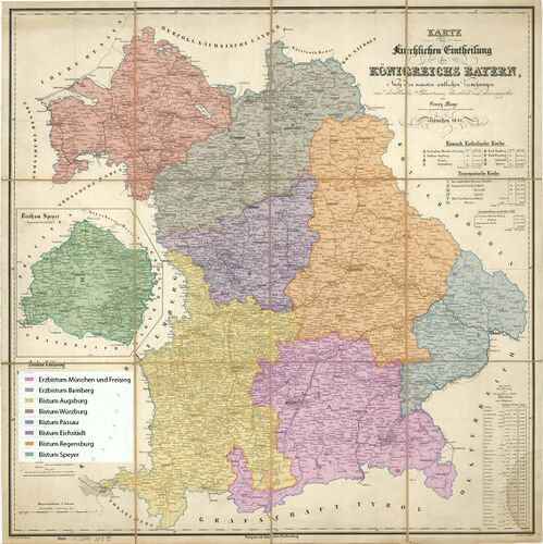 Karte der kirchlichen Eintheilung des Königreichs Bayern von Johann Georg Mayr, München 1841. (Bayerische Staatsbibliothek, Mapp. XI,605 k, Einfärbung und neue Legende: Sonja Schweiger)
