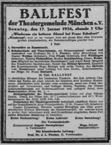 Anzeige eines von der Theatergemeinde München veranstalteten Ballfestes im Deutschen Theater, in: AZ am Morgen. Allgemeine Zeitung, 13.1.1926. (Bayerische Staatsbibliothek, Hbl/Film 4 Eph.pol. 50-358)