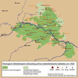 Das Herzogtum Niederbayern-Straubing um 1400 (Gestaltung: Stefan Schnupp; Vorlage: Spindler/Diepolder, Bay. Geschichtsatlas, 21)