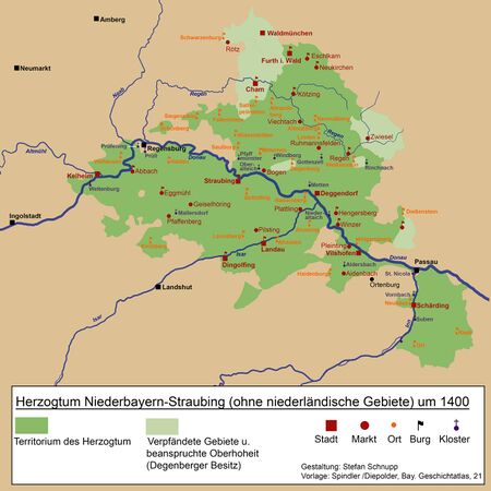 Das Herzogtum Niederbayern-Straubing um 1400 (Gestaltung: Stefan Schnupp; Vorlage: Spindler/Diepolder, Bay. Geschichtsatlas, 21)