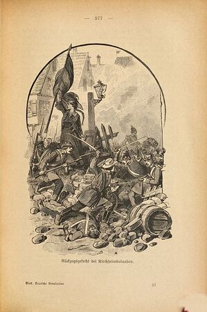 Gefecht bei Kirchenbolanden, bei dem preußische Truppen die pfälzischen Aufständischen bekämpften, 1849. (Abb. aus: Blos, Wilhelm: Die Deutsche Revolution, 1893, 577)