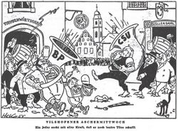 Karikatur über das Rededuell Baumgartner - Strauß, in: Münchner Merkur, 24.2.1955. (Archiv für Christlich-Soziale Politik der Hanns-Seidel-Stiftung)