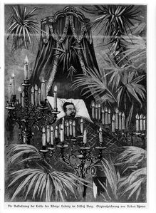 Aufbahrung König Ludwigs II. im Schloss Berg, 1886 nach einer Zeichnung von Robert Aßmus (1837-1904). (Stadtarchiv München, C1886116 lizenziert durch CC BY-ND 4.0 Deed)