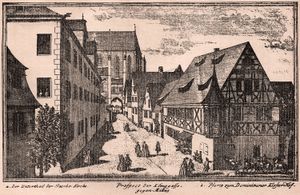 Dieser Stich zeigt die Klinggasse in Rothenburg. Im Hintergrund ist der hintere Teil des Schiffes der St. Jakobs Kirche zu sehen. (aus: von Winterbach, J. D. W.: Rothenburger Chronik, Rothenburg 1905, nach Seite 112)