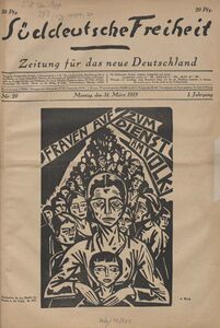 Titelblatt der Ausgabe Nr. 20, 31. März 1919, mit einer Illustration von Aloys Wach "Frauen auf zum Dienst am Volk", "geschnitten für den Eintritt der Frauen in die Politik".