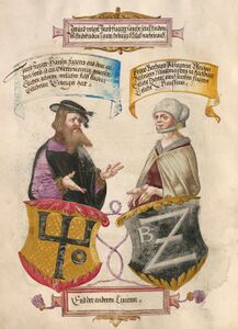 Jakob Fugger (nach 1389-1469), genannt der Ältere, und seine Gemahlin Barbara (1419-1497), geborene Bäsinger. Abb. aus dem Ehrenbuch der Fugger, Augsburg 1545-1547, fol. 28r. (Bayerische Staatsbibliothek, Cgm 9460)