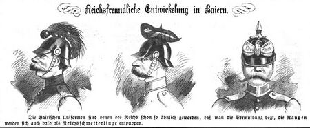 Kariktatur "Reichsfreundliche Entwicklung in Baiern". (Abb. aus: Kladderadatsch. Humoristisch-Satrisches Wochenblatt Nr. 32 (13.7.1873), 128)