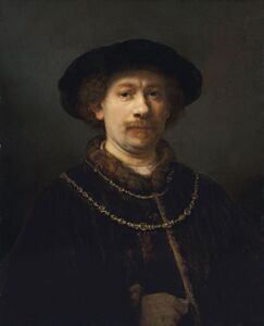 Rembrandt Harmenszoon van Rijn, Selbstbildnis mit Hut und zwei Halsketten, ca. 1642-1643. Das Gemälde gelangte von München zuerst nach St. Petersburg und wurde vor 1902 von der Familie Leuchtenberg verkauft. Nach etlichen Besitzerwechseln gelangte das Gemälde 1976 in den Besitz des Museums Thysssen-Bornemisza. Bei einer Restaurierung wurde die Hand am unteren Rand des Gemäldes freigelegt, die auf der Zeichnung von Muxel noch fehlt. (© Museo Nacional Thyssen-Bornemisza, Madrid)