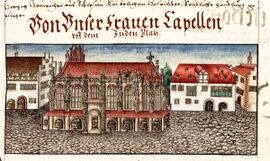 Die Marienkapelle in der Würzburger Bischofschronik des Lorenz Fries ("Echter-Exemplar"). (Universitätsbibliothek Würzburg, M.ch.f.760, fol. 296 r)