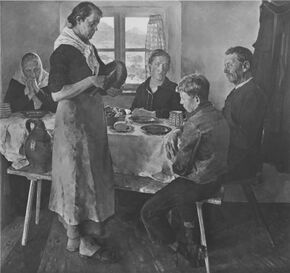 "Bäuerlicher Brotsegen" von Constantin Gerhardinger (1888-1970). Ausgestellt bei der Großen Deutschen Kunstausstellung 1937. Foto: Heinrich Hoffmann, 1937. (Bayerische Staatsbibliothek, Bildarchiv hoff-70480)