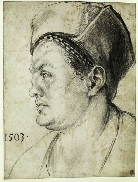 Willibald Pirckheimer (1470-1530). Kohlezeichnung von Albrecht Dürer (1471–1528), 1503. (gemeinfrei via Staatliche Museen zu Berlin, Kupferstichkabinett / Jörg P. Anders)