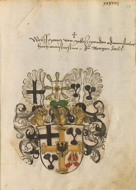 Wappen des Deutschordens-Hochmeisters Wolfgang Schutzbar gen. Milchling (gest. 1566). Das Hochmeisterkreuz (Lilienkreuz), als Herzschild der Reichsadler, bildet vier Felder, die das Deutschordenskreuz, zweimal das Wappen der Schutzbar und eine Prälatenmütze enthalten. (BSB Cod.Icon. 308, fol. 57)