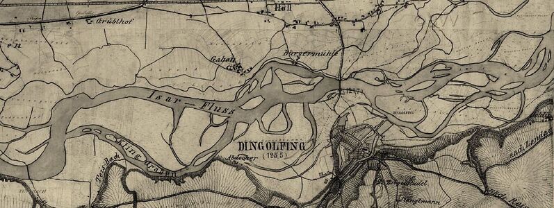 Die Isar bei Dingolfing um 1860. Beispiel eines unregulierten Wildflusses mit vielen sich verändernden Haupt- und Nebenarmen. (Geobasisdaten: Bayerische Vermessungsverwaltung, lizenziert durch CC BY-ND 3.0 DE)
