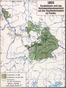 Kurpfalzbayern nach dem Reichsdeputationshauptschluss und dem Hauptlandesvergleich mit Preußen 1803. (aus: Max Spindler [Hg.], Bayerischer Geschichtsatlas, München 1969, 36)