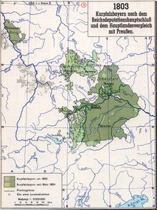 Kurpfalzbayern nach dem Reichsdeputationshauptschluss und dem Hauptlandesvergleich mit Preußen 1803. (aus: Max Spindler [Hg.], Bayerischer Geschichtsatlas, München 1969, 36)