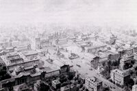 Entwurf von Max von Heckel (1851-1889) zur Umgestaltung des Königsplatzes in einen "vaterländischen Heldenplatz" (1883). Heckel schlug vor, rings um den Königsplatz große Kolonnaden zu errichten, um ein geschlossenes Forum zu schaffen. (Stadtmuseum München)