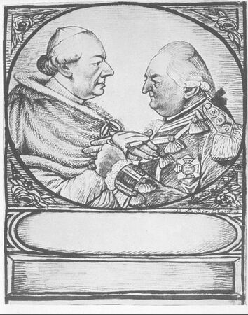 Kurfürst Karl Theodor (1724-1799) und Papst Pius VI. (1717-1799). Die Zeichnung von Joseph Lander (1725-1790) entstand anlässlich des Besuchs des Papstes in München 1782. (Bayerische Staatsbibliothek, Bildarchiv habe-000259)