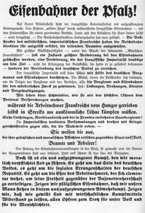 Deutsches Flugblatt, das die Eisenbahner der Pfalz 1923 zum passiven Widerstand aufruft. (aus: Niemals! - Dokumente aus dem Befreiungskampf der Pfalz, Ludwigshafen 1930, 40)
