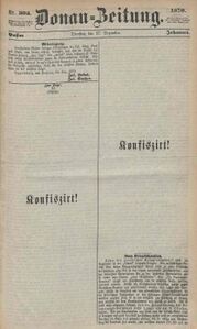 Ausgabe der Donau-Zeitung vom 27. Dezember 1870 mit einem zensurierten Beitrag über die Lage Bayerns am Vorabend der Reichsgründung.